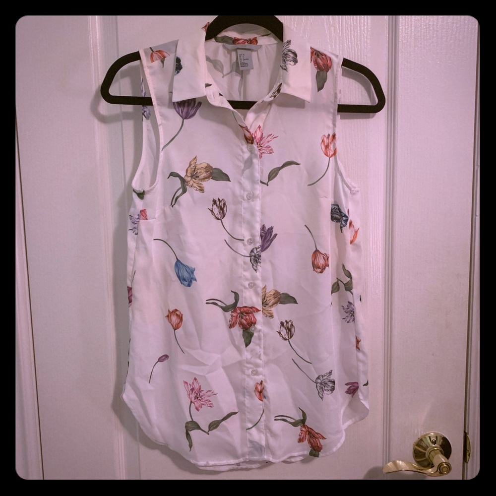 H&M White Floral Sleeveless Blouse